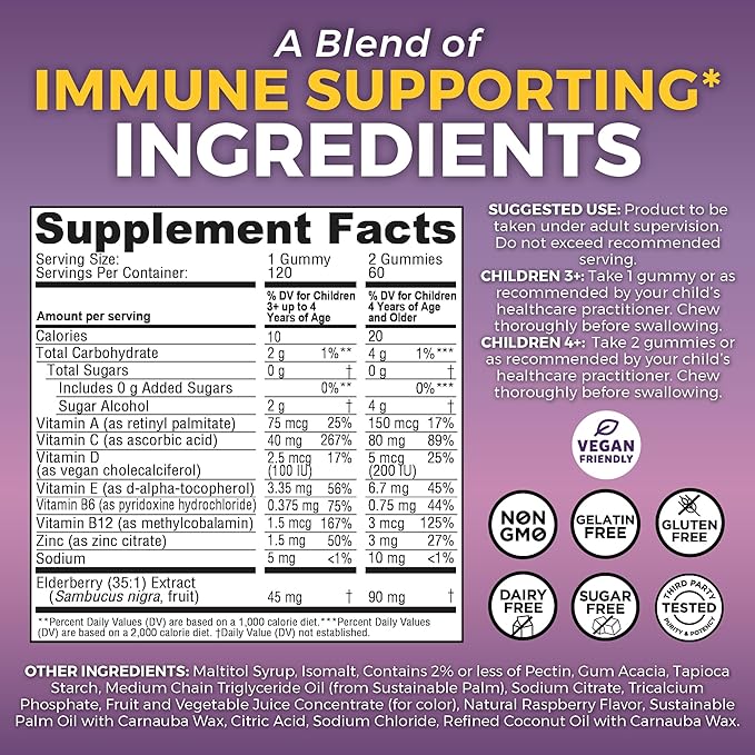 Sambucus Elderberry Gummies for Kids with Vitamin C and Zinc (120 Count) - Sugar-Free 8-in-1 Immune Support Gummy - Chewable Vegan, Gluten-Free Sambucus Elderberry Gummy for Kids, Immunity Gummies