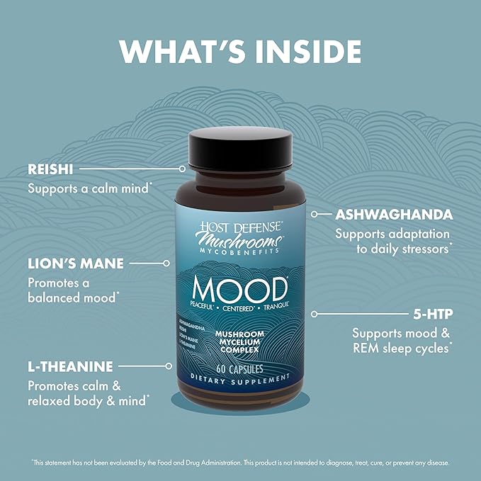 Host Defense MycoBenefits Mood* Capsules - Healthy Mind Support with Lion's Mane, L-Theanine & Ashwagandha - Relaxing & Calming Supplement - 60 Capsules (30 Servings)*