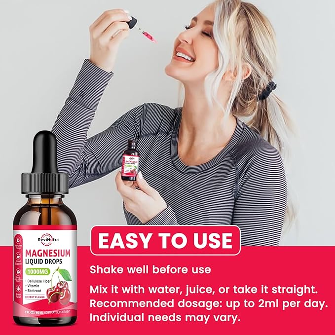 Magnesium Glycinate Liquid Drops, 1000mg Magnesium Glycinate, Citrate & Taurate with Fiber, Beetroot, Vitamin B & C for Sleep, Calm, Muscle, Energy & Relaxation, 2 Fl Oz, Sugar-Free Cherry Flavor