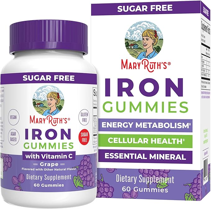 MaryRuth's Iron Gummies for Ages 14+ | with Vitamin C for Absorption | Sugar Free | Gummy Iron Supplement + VIT C | Energy Metabolism | Cellular Health | Immune Support | Vegan | Non-GMO | 60 Count