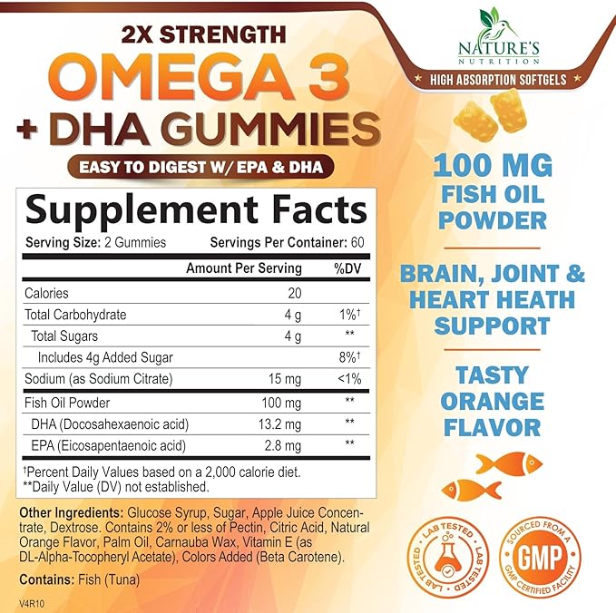 Omega 3 Fish Oil Gummies, Heart Healthy Omega 3 Gummy Supplement with High Absorption DHA & EPA, Extra Strength Joint & Brain Support, Delicious Orange Flavor Fish Oil Nature's Vitamin - 120 Gummies