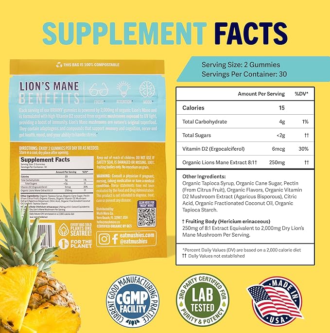 Mushie 100% Organic Lion’s Mane Mushroom Gummies for Adults & Kids Focus - 2000mg Lions Mane Nootropic for Brain, Cognitive, Memory & Immune Support - Vegan, Gluten-Free - 60 Count