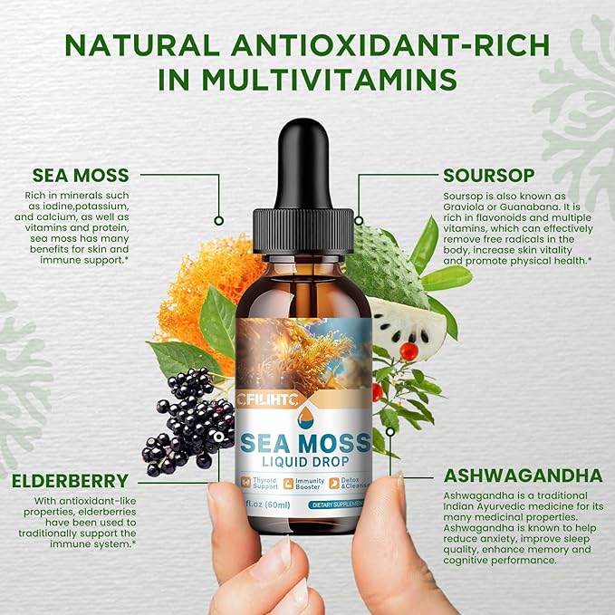 Sea Moss Liquid Drops Supplement, Irish Sea Moss with Soursop Black Elderberry Ashwagandha Burdock Root - Multivitamins Seamoss Liquid Drops Support Antioxidant, Immune, Skin Gut Health, 2 Fl Oz