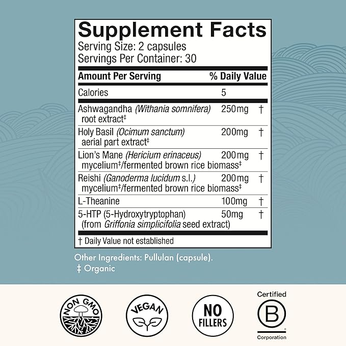 Host Defense MycoBenefits Mood* Capsules - Healthy Mind Support with Lion's Mane, L-Theanine & Ashwagandha - Relaxing & Calming Supplement - 60 Capsules (30 Servings)*