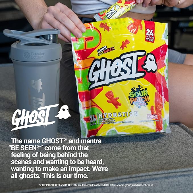 GHOST Hydration Packets, Sour Patch Kids Redberry, 24 Sticks, Electrolyte Powder - Drink Mix Supplement with Magnesium, Potassium, Calcium, Vitamin C - Vegan, Free of Soy, Sugar & Gluten