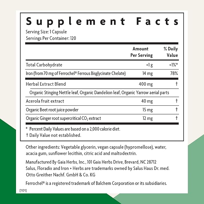 Floradix Iron + Herbs - Iron Supplement for Healthy Energy Support - Vegan, Non-GMO, Gluten-Free, Soy-Free - 120 Liquid Phyto-Caps