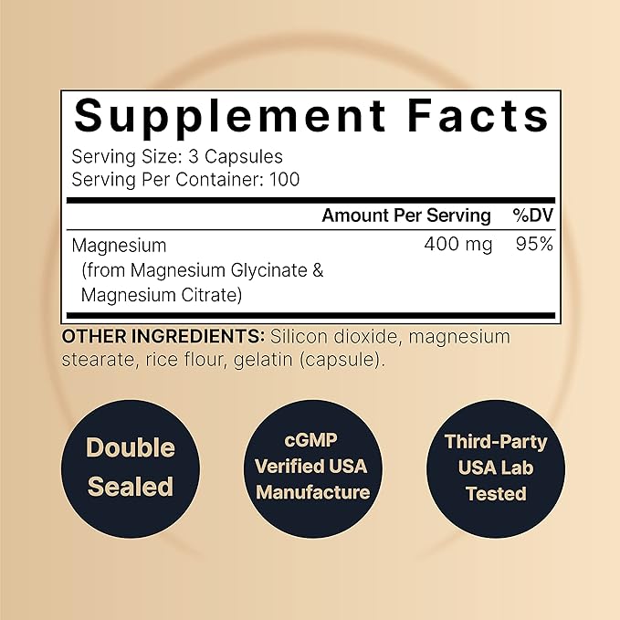 Magnesium Complex 400mg Supplement, 300 Capsules | Magnesium Glycinate + Citrate Elemental Forms – Essential Minerals for Heart, Muscle, & Digestion Support – Non-GMO & No Gluten