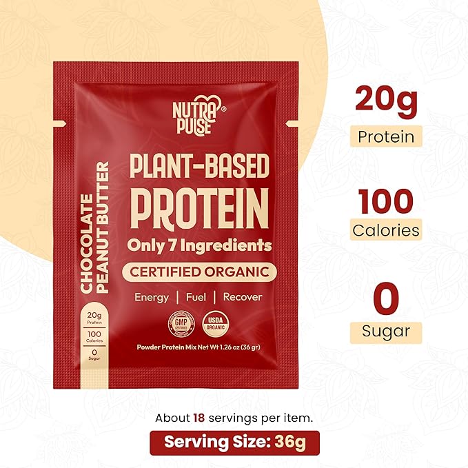 Organic Vegan Protein Powder Sample Pack – Chocolate Peanut Butter Flavor – 36g Plant-Based Protein Per Serving – Gluten-Free, Dairy-Free, Non-GMO – Ideal for Smoothies & Shakes – 24 Pack