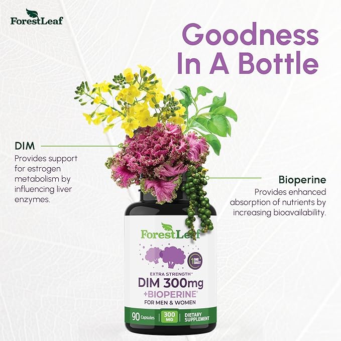 ForestLeaf DIM Supplement for Women & Men - DIM 300mg Per Capsule with BioPerine for Highest Absorption - Diindolylmethane for Metabolism Balance and Support, Detox, Menopause Relief (90 Capsules)