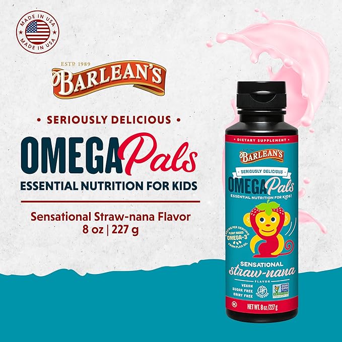 Barlean's Omega Pals Omega 3 for Kids, Yummy Straw-Nana Flavored Children's Liquid Flax Seed Oil Supplement with 1,483 mg ALA, Non-GMO, Vegan Brain and Eye Health, 8 oz