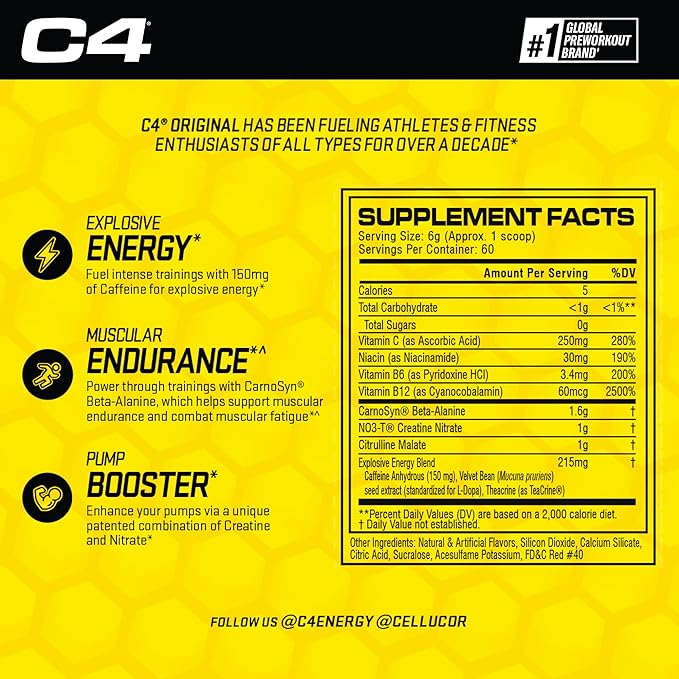 C4 Original Pre Workout Powder Fruit Punch - Vitamin C for Immune Support - Sugar Free Preworkout Energy for Men & Women - 150mg Caffeine + Beta Alanine + Creatine - 60 Servings