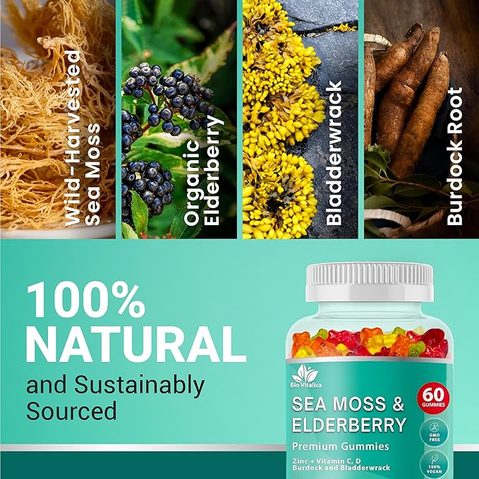 BIO VITALICA Sea Moss Gummies Elderberry BioVitalica - Vitamin C D + Zinc - Irish Seamoss Vegan Gummy with Sea Moss Gel & Powder for Immunity, Detox - for Adults and Kids