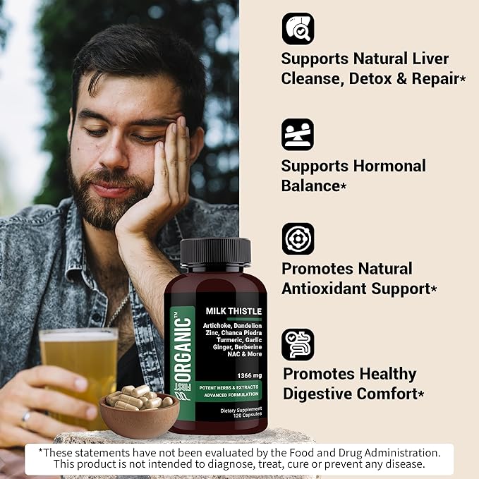 Milk Thistle+ Complex 1366mg - 120 Capsules - Herbal Liver Support with Silymarin, Artichoke, Beet Root, NAC & Zinc - Third-Party Tested, Vegan, Non-GMO, Gluten Free