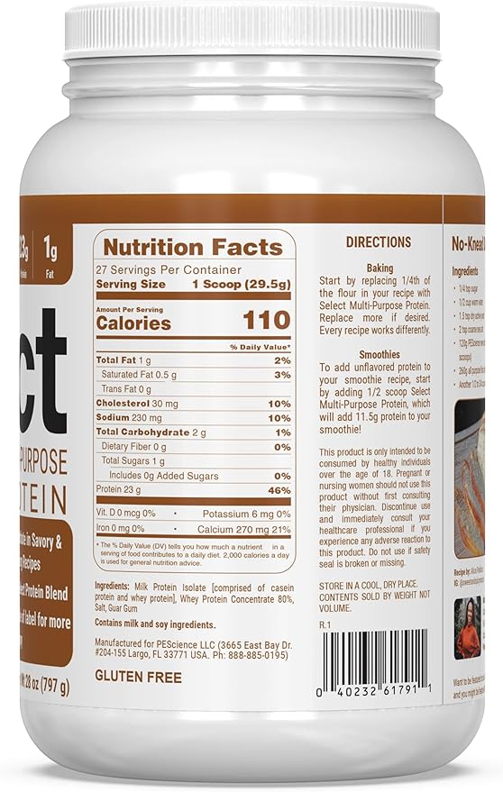 PEScience Select Multi-Purpose Unflavored Protein Powder, 27 Serving, Low Carb, Keto Friendly, and Gluten Free, Whey & Casein Blend for Baking and Smoothies