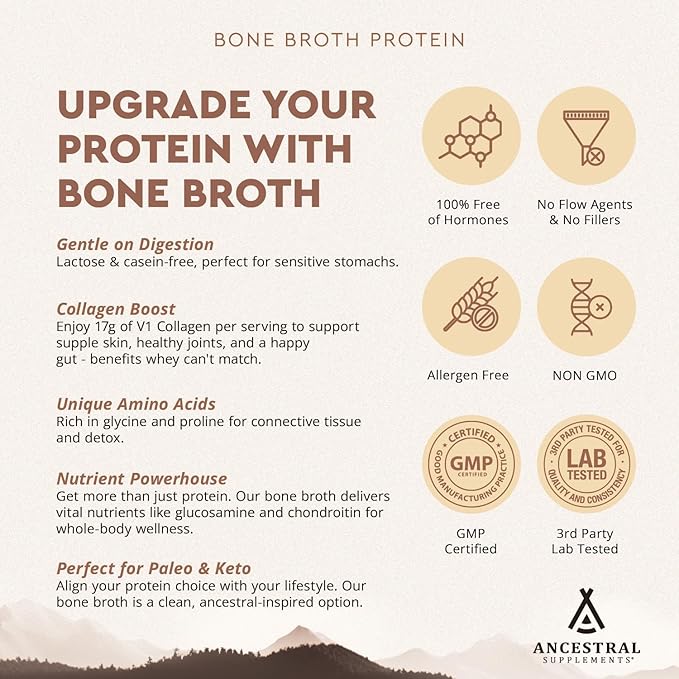 Ancestral Supplements Grass Fed Protein Powder, Vanilla, Beef Bone Broth Based with Beef Organs & Organic Mushrooms, Gut Health Support, High Protein Supplement, 20g Protein Per Serving, 30 Day Supply