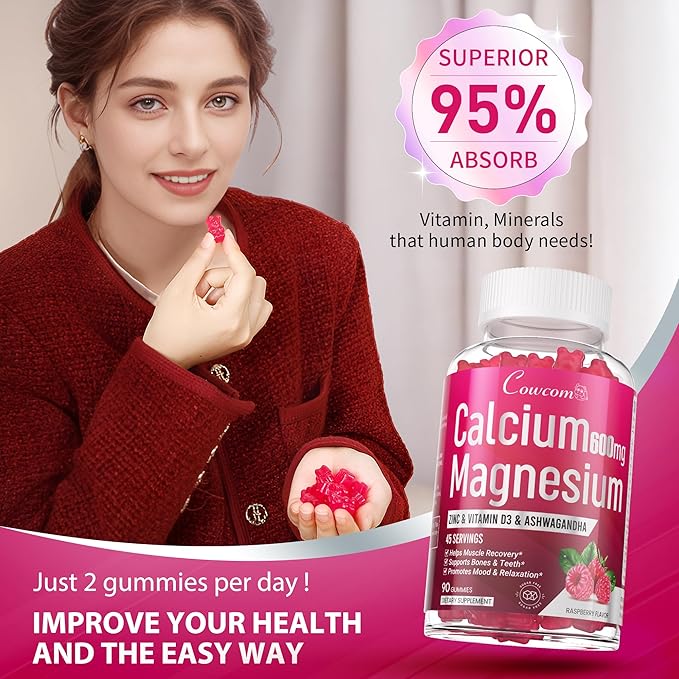 Calcium Magnesium Zinc Gummies for Kids Adults,High Absorption Magnesium Glycinate 300mg with Vitamin D3,B6,B12 for Bone,Muscles,Calm Mood,Sleep Support,Sugar-Free,Vegan,Raspberry Flavor,90 Counts