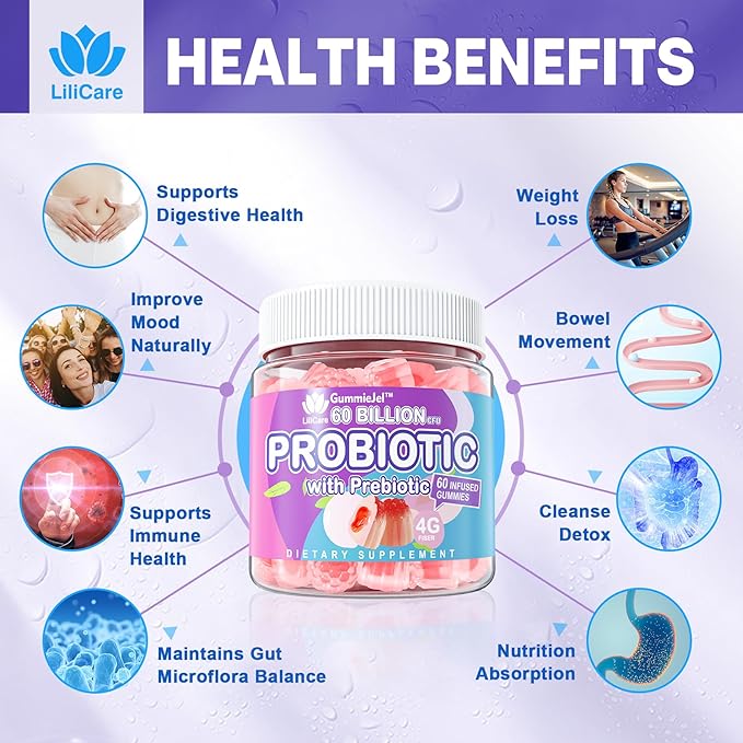 2Pack Probiotic + Prebiotics Gummies Sugar Free 60 Billion CFU, 11 Strains Probiotics Filled Gummies for Women Men Digestive Health and Gut Health, Supports Constipation, Diarrhea, Gas & Bloating