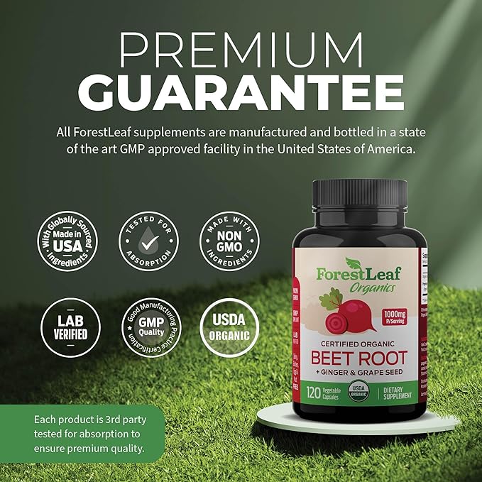ForestLeaf Organic Beet Root Capsules - with Ginger & Grape Seed 16000mg Strength 20:1 Extract, Supports Nitric Oxide Production, Beets Supplements with Organic Non-GMO Beetroot Powder 120 Veggie Caps