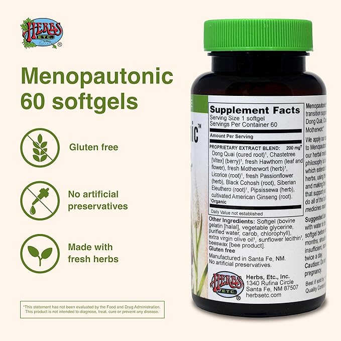 Herbs, Etc. Menopautonic - Support Healthy Hormones - Menopausal Health Supplement with Chastetree Berry, Black Cohosh & Ginseng - Supports Ovary Health & Vaginal Walls - 60 Softgels (60 Servings)