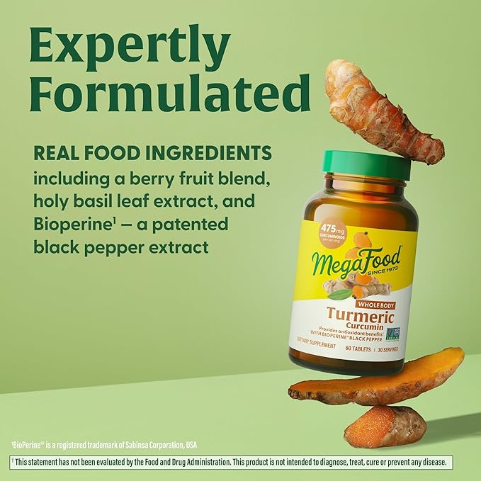MegaFood Whole Body Turmeric Curcumin Supplement - Turmeric Supplement with Black Pepper & Vitamin C - 475 mg Curcuminoids Per Serving - Antioxidant & Immune Support - Vegan - 90 Tablets, 45 Servings