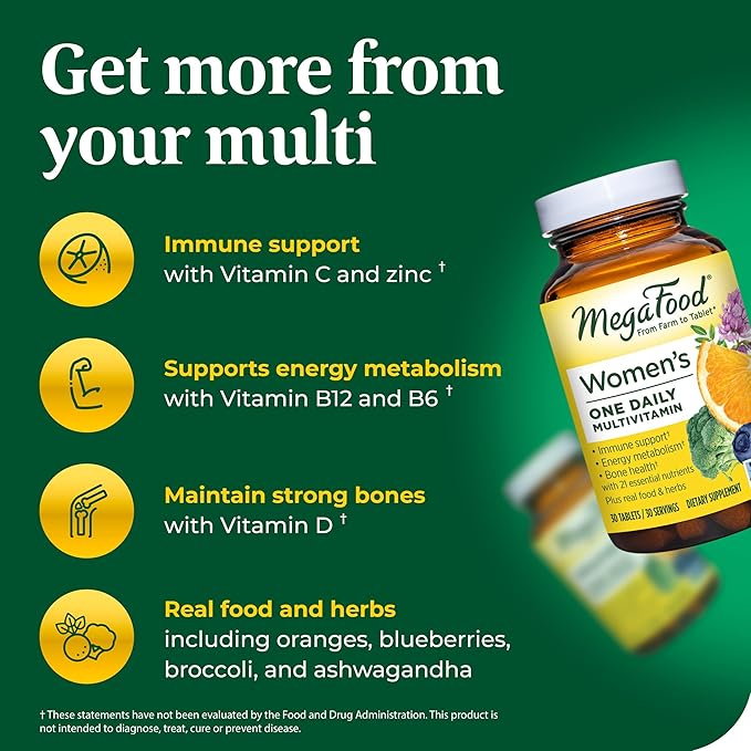 MegaFood Womens Multivitamin One Daily - Multivitamin for Women - Vitamin C, Vitamin D, Iron & B Vitamins - Bone, Energy Metabolism & Immune Support - Vegetarian, GlutenFree - 60 Tablets, 60 Servings