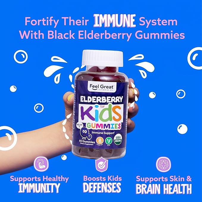 USDA Organic Elderberry Gummies for Kids | Immune Support Elderberry with Zinc and Vitamin C - Gluten Free & Vegan Children's Vitamins - 60 Count | Sambucus Nigra Supplement