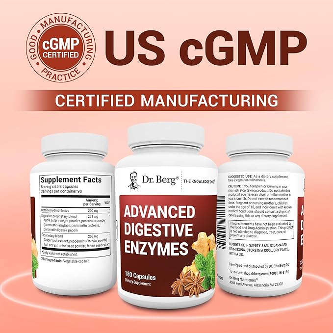 Dr. Berg Advanced Digestive Enzymes with Apple Cider Vinegar - Includes Digestive Health Ingredients Like Betaine Hydrochloride (HCI), Ginger Root & Peppermint Leaf - 180 Capsules