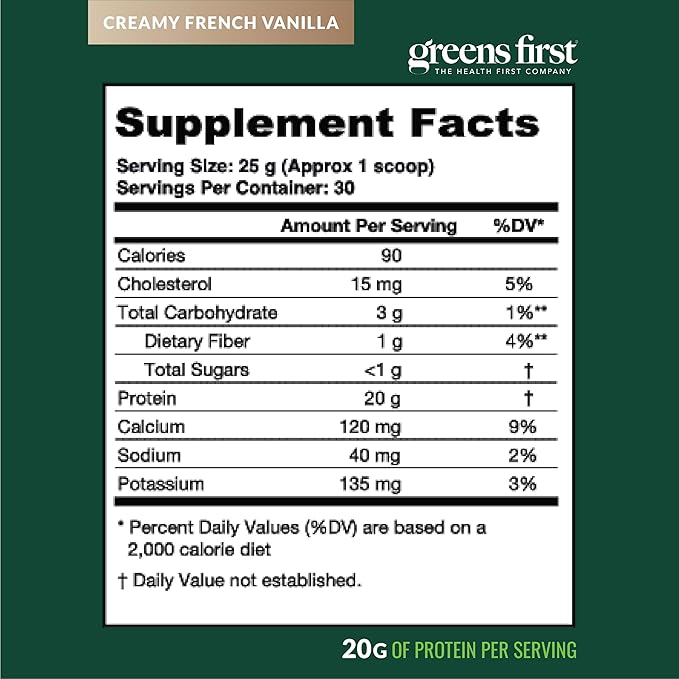Greens First Dream Protein Powder Whey - 20g Protein Per Serving - Hormone-Free with Prebiotics - Non-GMO - No Artificial Sweeteners/MSG/Aspartame (Creamy French Vanilla, 26.5 oz)