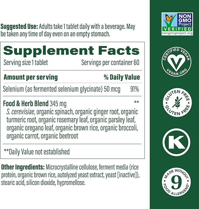 MegaFood Selenium - Selenium 50 mcg - Supplement with Food & Herb Blend - Immune Support - Vegan, Non-GMO - Made Without 9 Food Allergens - 60 Tablets (60 Servings)