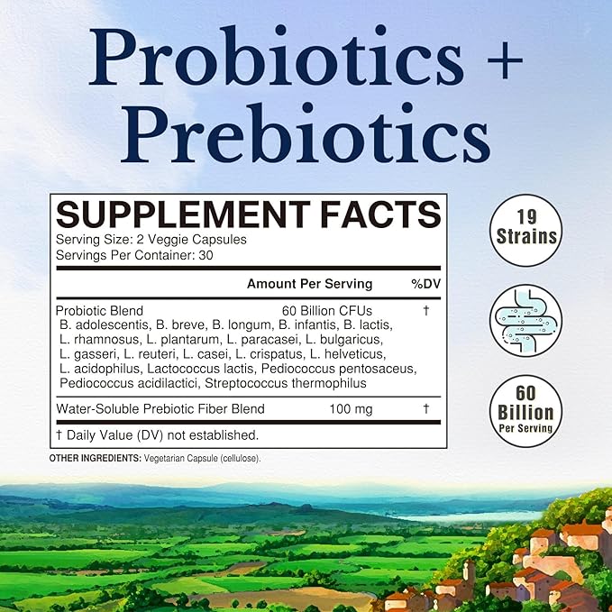 Vitalitown Probiotics + Prebiotics | 60 Billion CFUs 19 Strains | 60 Delayed Release Veg Caps | Shelf Stable, Prebiotics and Probiotics | Digestive Health, Immune Health | Vegan, Non-GMO, No Dairy