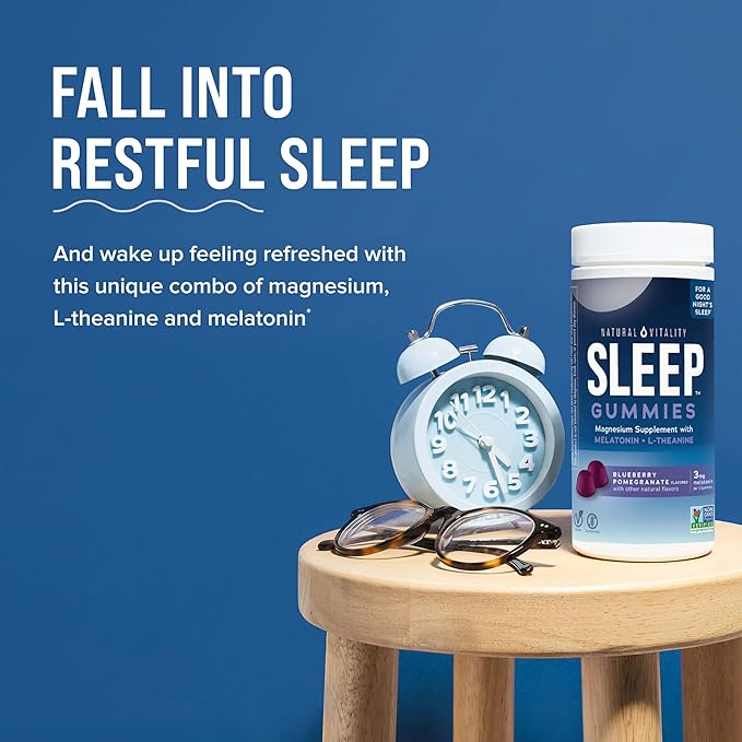 Natural Vitality CALM Sleep Gummies Magnesium Supplement, Melatonin & Magnesium Citrate, Sleep Aid Gummies, L-Theanine, Gluten Free, Helps the Body Ease into Sleep, Blueberry Pomegranate 60 Count