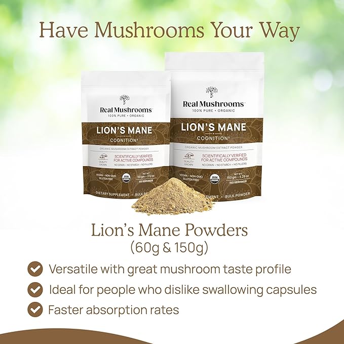 Real Mushrooms Lions Mane Powder - Organic Mushroom Extract for Cognitive Function Immune Support Brain Supplements Memory and Focus Vegan Supplement, 60 Servings