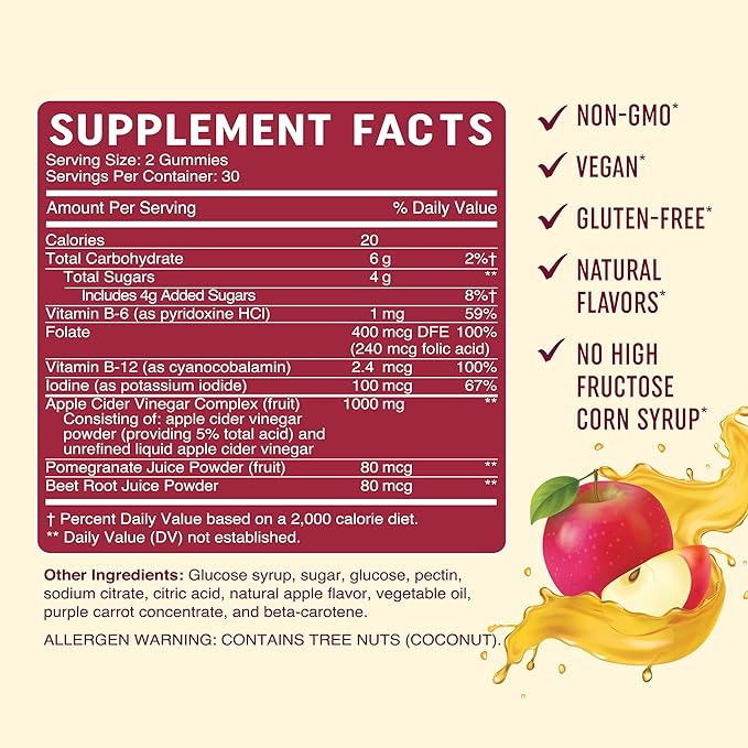 Organic Apple Cider Vinegar Gummies for Digestion, Detox & Immunity & Support with ACV | with The Mother, Vitamin B6, B12 & Folate | Vegan, 500MG | 60 Ct