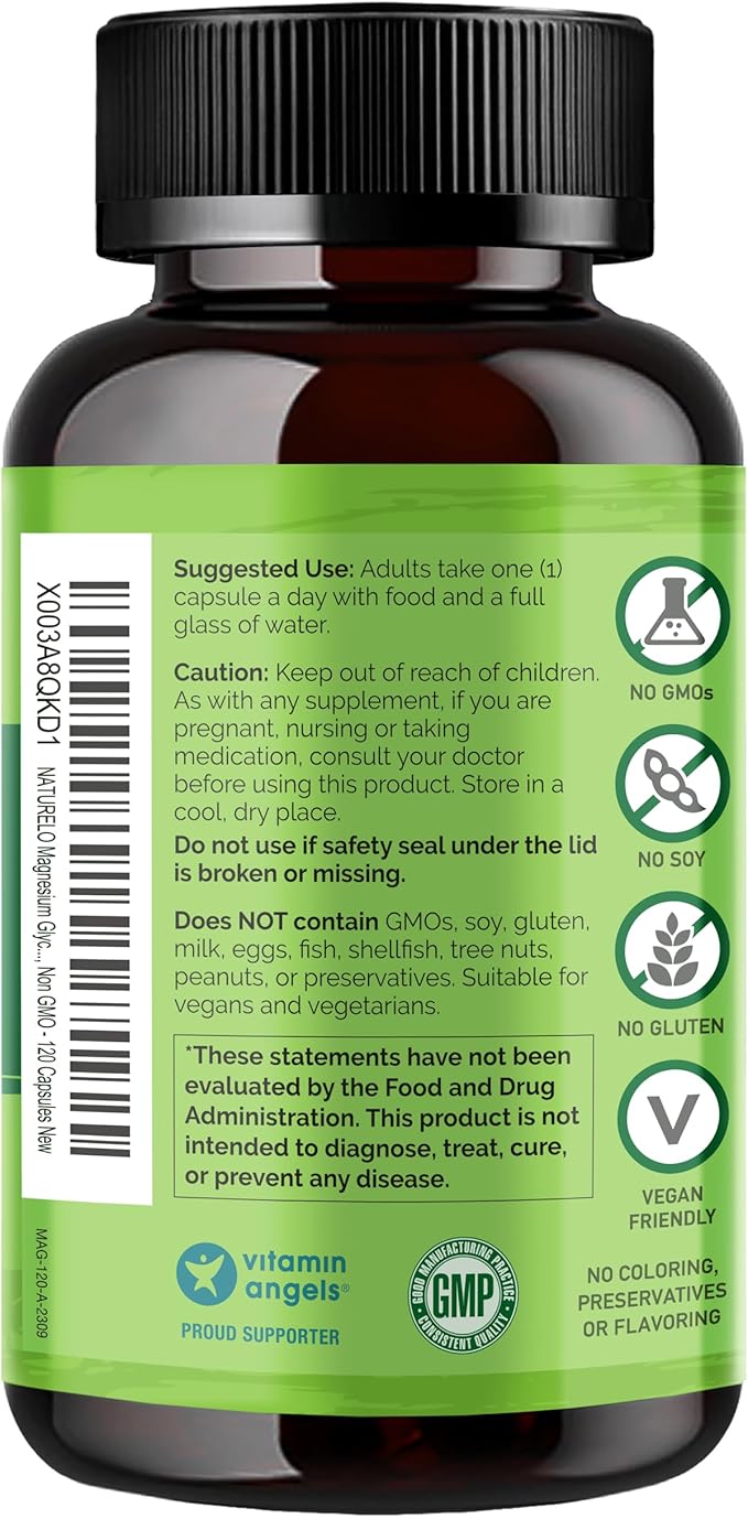 NATURELO Magnesium Glycinate Chelate Complex - 200 mg Magnesium with Organic Vegetables to Support Sleep, Calm, Muscle Cramp & Stress Relief - Gluten Free, Non GMO - 120 Capsules