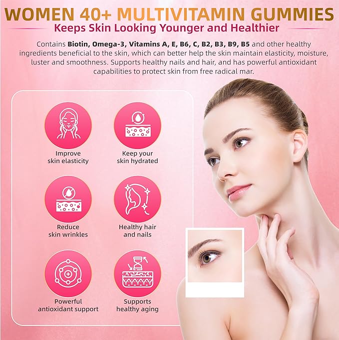 Multivitamin for Women Gummies for 40+ with Omega-3,Niacinamide,B-Complex,Lutein,Iron,Choline, Phosphatidylserine,Vitamin D3 for Skin,Hair,Energy,Immune,Bone – Vegan,Sugar Free,60 Count
