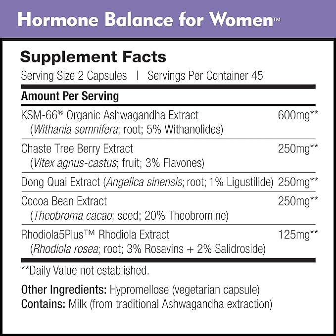 Hormone Balance for Women - Natural Mood Supplement - PMS Relief and Menopause Support | Featuring Clinically Studied KSM-66 Ashwagandha (90 Capsules)