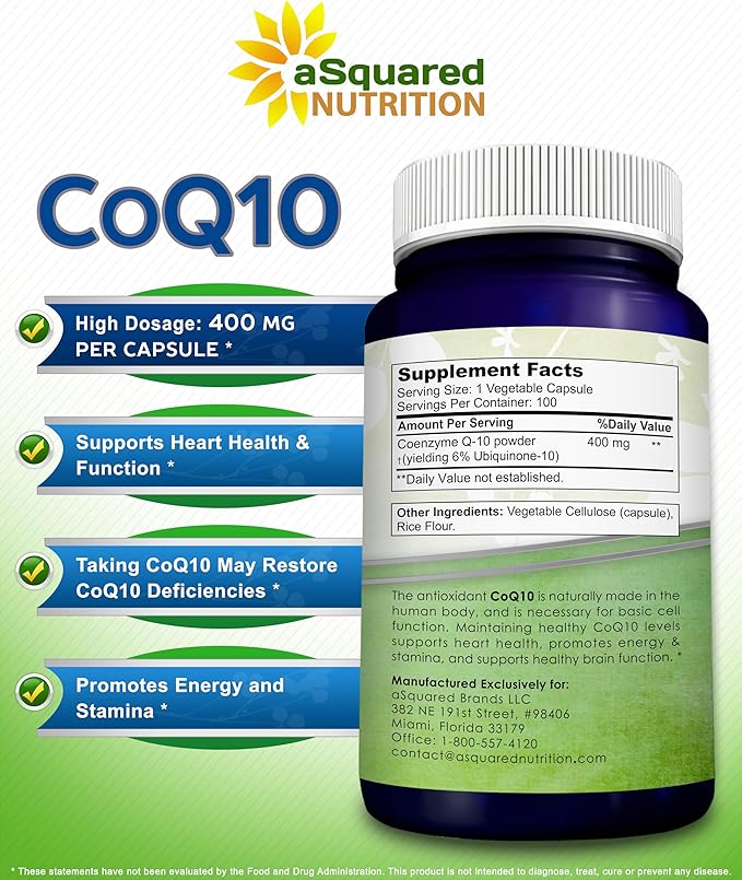 aSquared Nutrition CoQ10 (400mg Max Strength, 100 Veggie Capsules) - High Absorption Coenzyme Q10 Powder - Ubiquinone Supplement Pills, Extra Antioxidant CO Q-10 Enzyme Vitamin Tablets, Coq 10 400 mg