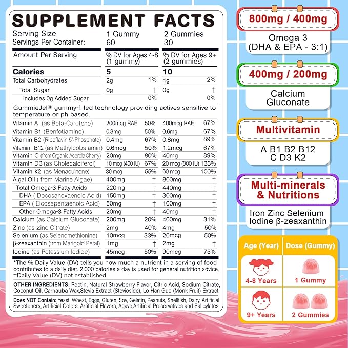 Omega 3 Gummies (EPA/DHA) for Kids 4+, Kids Multivitamin A B1 B2 B12 C D3 K2, Calcium Gluconate, Zinc, Selenium, lodine for Brain Cognition, Eye, Bone, Energy, Immune, No Fish Taste,Sugar Free