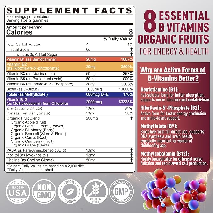 Brain & Mood Support Gummies, Super Vitamin B Complex for Men & Women, All B Vitamin B1 B2 B3 B5 B6 B7 B9 MethyB12 with PABA, Inositol, Choline, Supports MTHFR Gene & Energy, Vegan, 120Ct