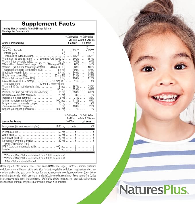 Natures Plus Animal Parade Multivitamin Children's Chewables - Cherry Flavor - 90 Animal-Shaped Tablets - Promotes Health & Well-Being - Vegetarian, Gluten Free - 45 Servings