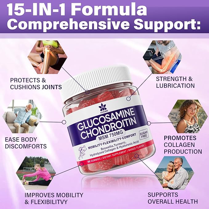 Glucosamine Chondroitin Gummies with MSM, Boswellia Turmeric, Hydrolyzed Collagen & Hyaluronic Acid, Extra Strength Supplement for Mobility, Comfort, Flexibility, Cartilage and Bone Health, 60 Cts