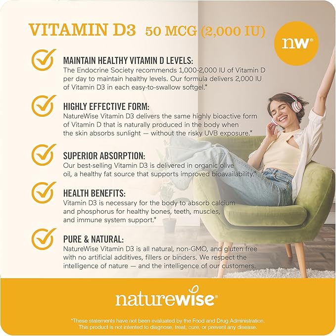 NatureWise Vitamin D3 2000iu (50 mcg) 200-Day Supply for Immune Support, Healthy Muscle Function, and Bone Health - Non-GMO, Gluten Free in Organic Extra Virgin Olive Oil, (Mini Softgel), 200 Count
