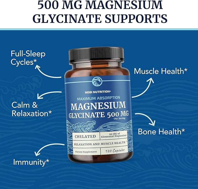 Magnesium Glycinate 500mg | Chelated for High Absorption | Muscle Relaxation, Bones, Heart, Nerve, Sleep & Calm Support for Women & Men | Magnesium Chelate Supplement & Bisglycinate Complex | 120ct