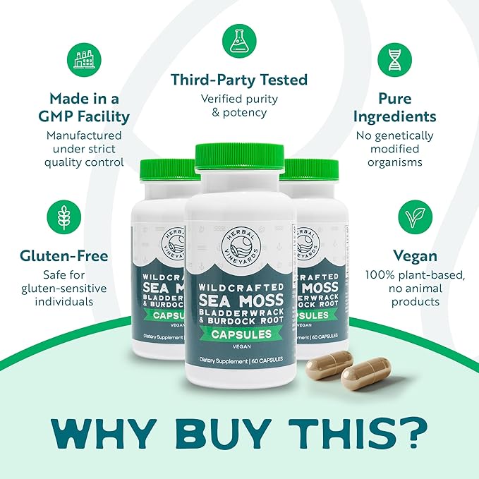 Herbal Vineyards Organic Wildcrafted Vegetable 60 Capsules | 1500MG | Pack of 1 | Irish Sea Moss, Bladderwrack and Burdock Root, Immune Support, Healthy Skin & Energy | Powerful Immunity Booster