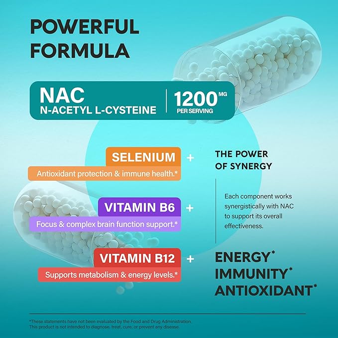 NAC Supplement | Selenium | B6 | B12 - Antioxidant, Immune Support - N Acetyl Cysteine 600 mg per Capsule, 1200 mg per Serving - Made in USA - Non-GMO, Gluten-Free, Vegan - 180 Caps, 3 Month Supply