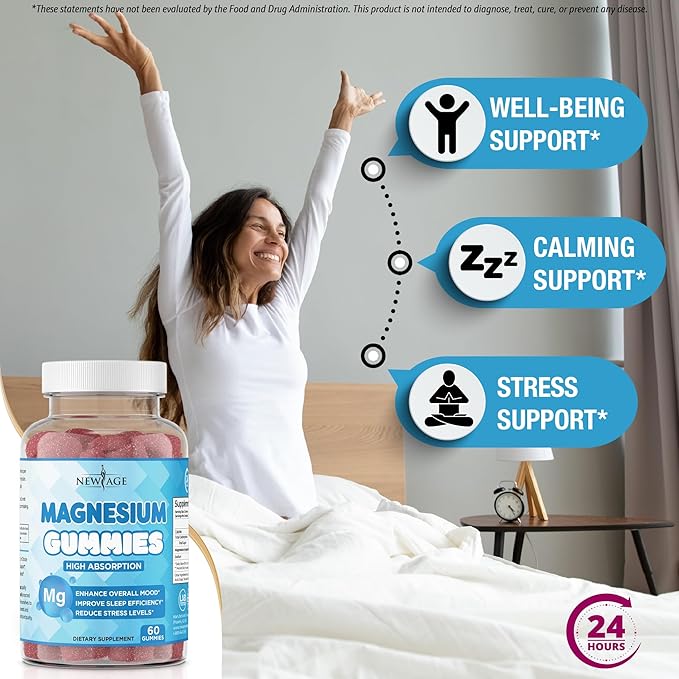 Magnesium Gummies - Calming Anti-Stress Gummies, Magnesium Supplement for Adults and Kids, Vegan, Gelatin-Free, Gluten-Free, Non-GMO, Delicious Natural Raspberry Flavor- 60 Count - by New Age