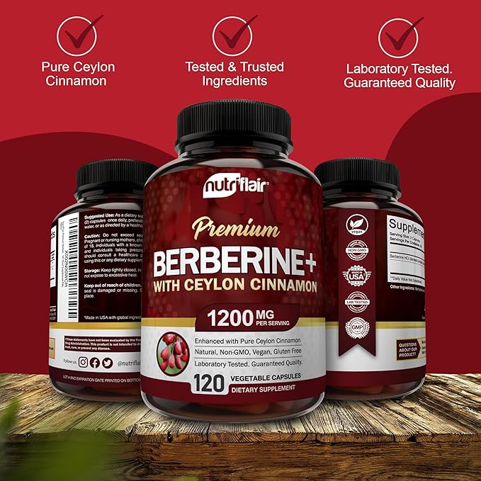 NutriFlair Premium Berberine HCL 1200mg, 120 Capsules - Plus Pure True Ceylon Cinnamon, Berberine HCI Root Supplements Pills - Immune System - yields an Optimal 8% Berberine