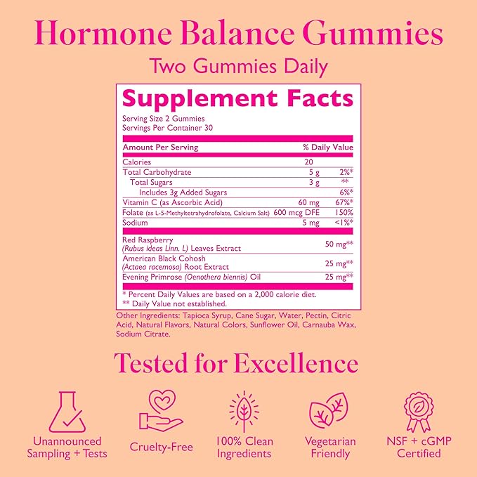 Hormone Balance Gummies for Women - Hormone Harmony for Mood, Energy, Bloating - Hormonal PMS, Perimenopause & Menopause Support - Red Raspberry Leaf & Black Cohosh - 60 Gummy Supplements