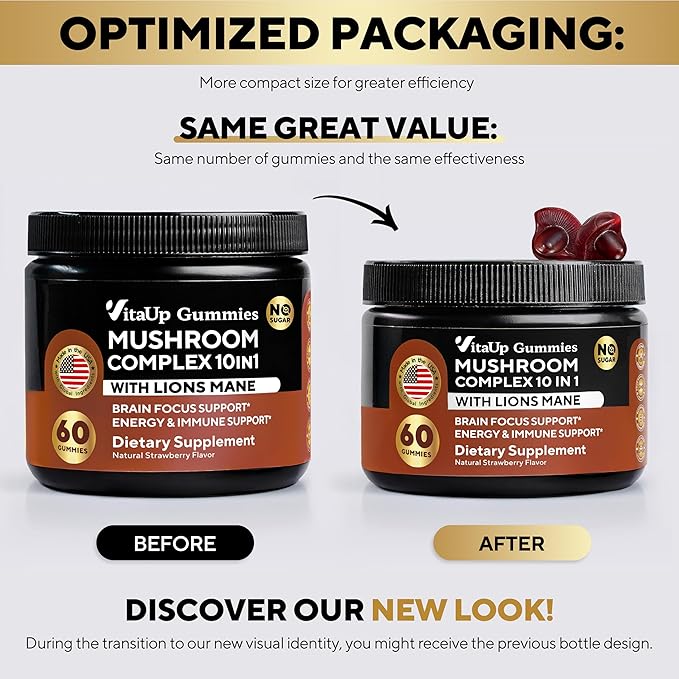 Mushroom Gummies for Adults - USA Made 10 in 1 Mushroom Supplement - Mushroom Complex with Lions Mane, Cordyceps, Turkey Tail, Reishi, Shiitake for Cognitive & Immune Support - 60 Count