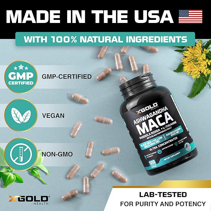 Ashwagandha 5,000mg + Maca Root Black, Red, Yellow 4,000mg, Rhodiola & L-Theanine: 30:1 Extract Ashwagandha Capsules, 20:1 Extract Maca Root Capsules - Supplement for Men and Women